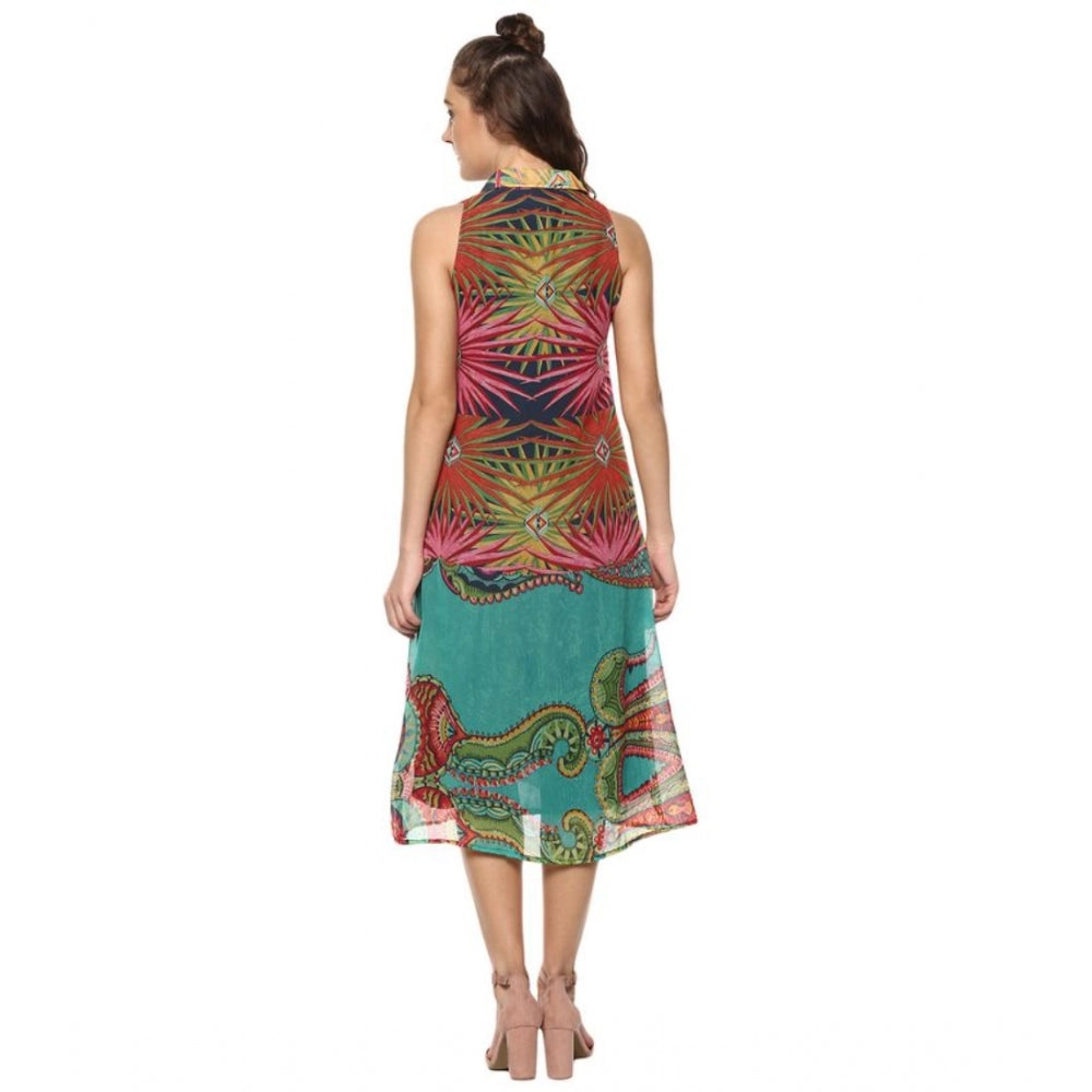 Multicolor polyester floral sleeveless below-knee dress for women, vibrant floral pattern on a stretchy fabric