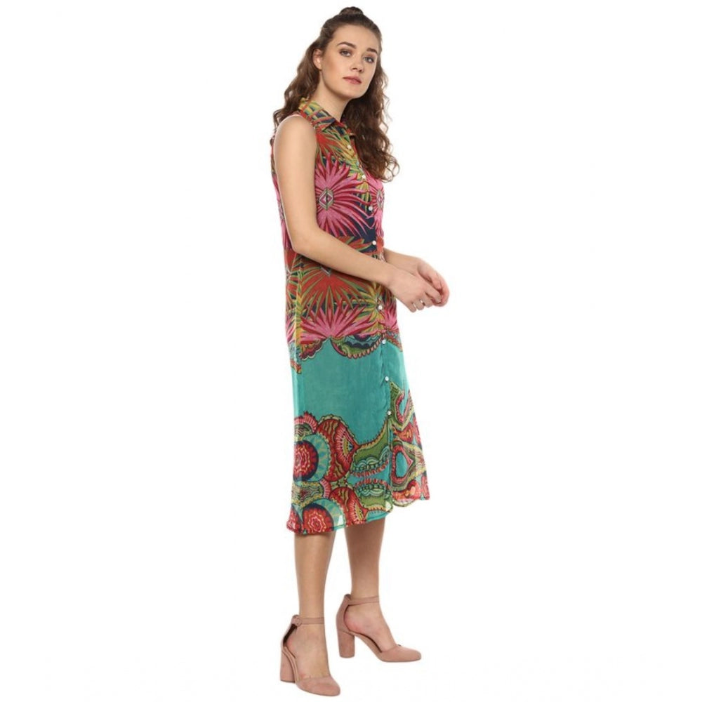 Multicolor polyester floral sleeveless below knee dress for women, vibrant pattern on display