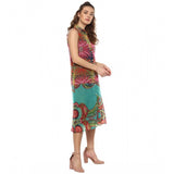 Multicolor polyester floral sleeveless below knee dress for women, vibrant pattern on display