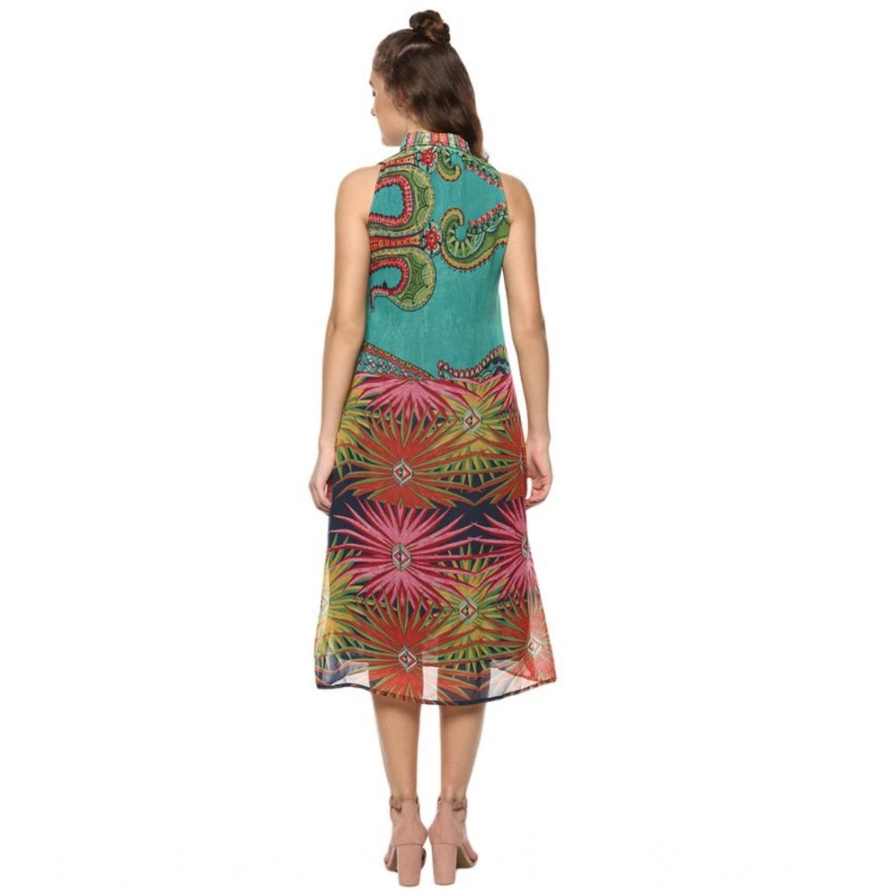 Multicolor polyester floral sleeveless below-knee dress for women, vibrant floral pattern on casual occasion wear