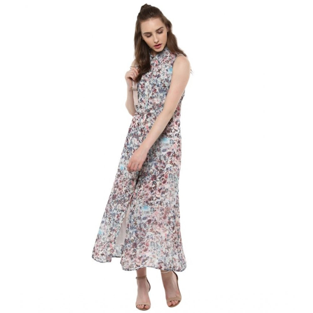 Multi-colored polyester chiffon printed sleeveless dress for women, fashionable summer outfit on mannequin