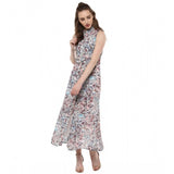 Multi-colored polyester chiffon printed sleeveless dress for women, fashionable summer outfit on mannequin