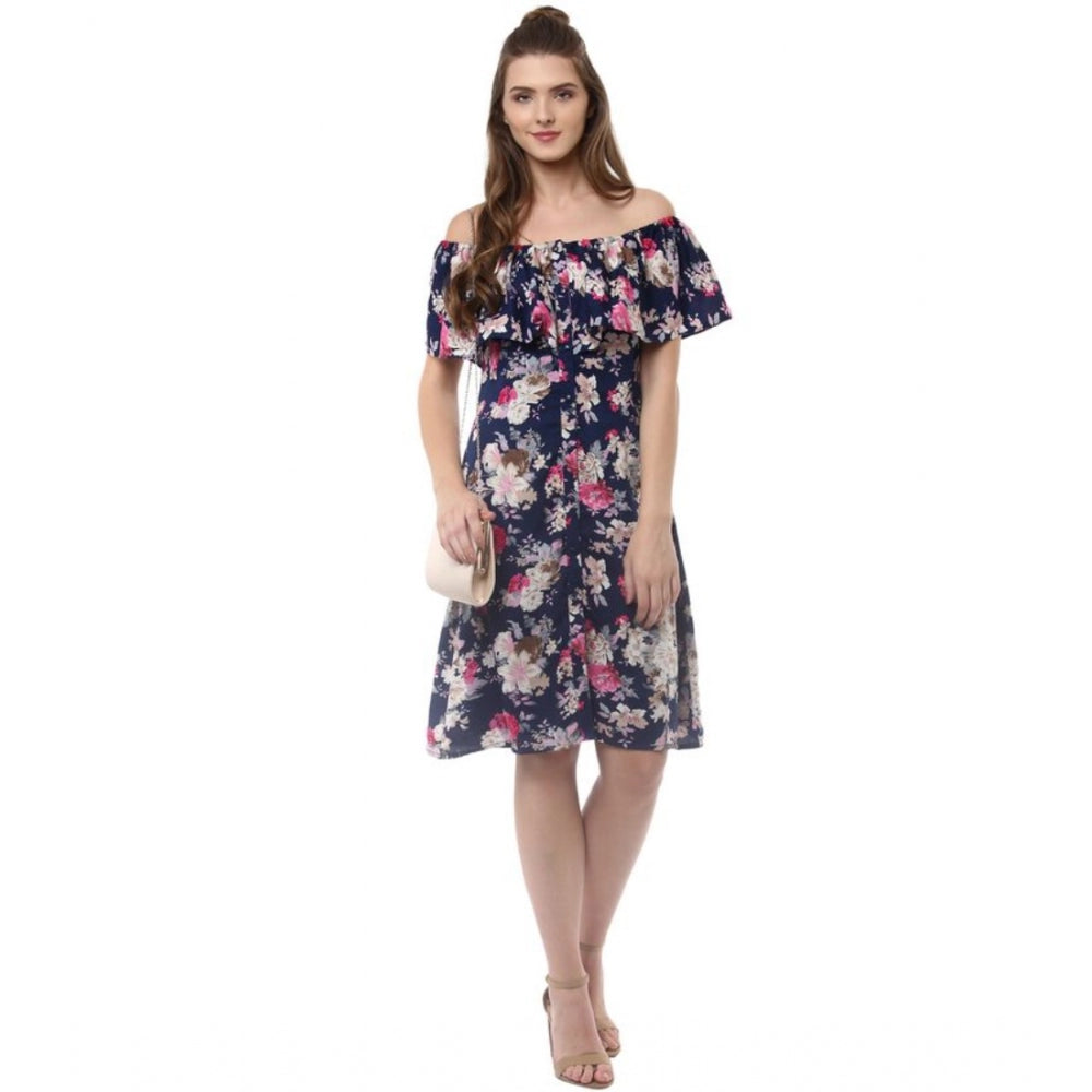 Navy Blue Polyester Crepe Floral Half Sleeve Dress on mannequin