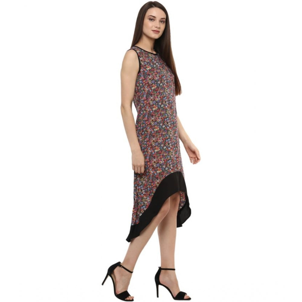 Multicolor printed polyester sleeveless knee-length dress for women