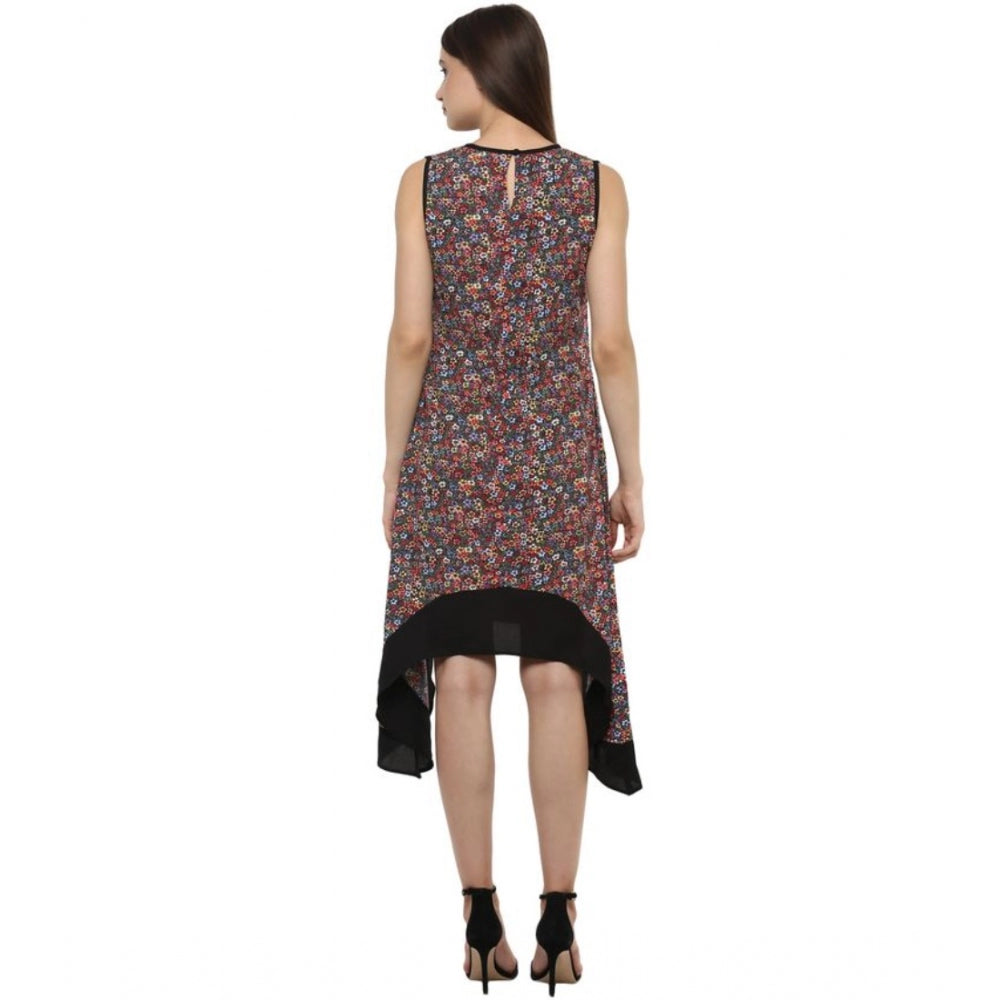 Multicolor printed polyester sleeveless knee-length dress for women