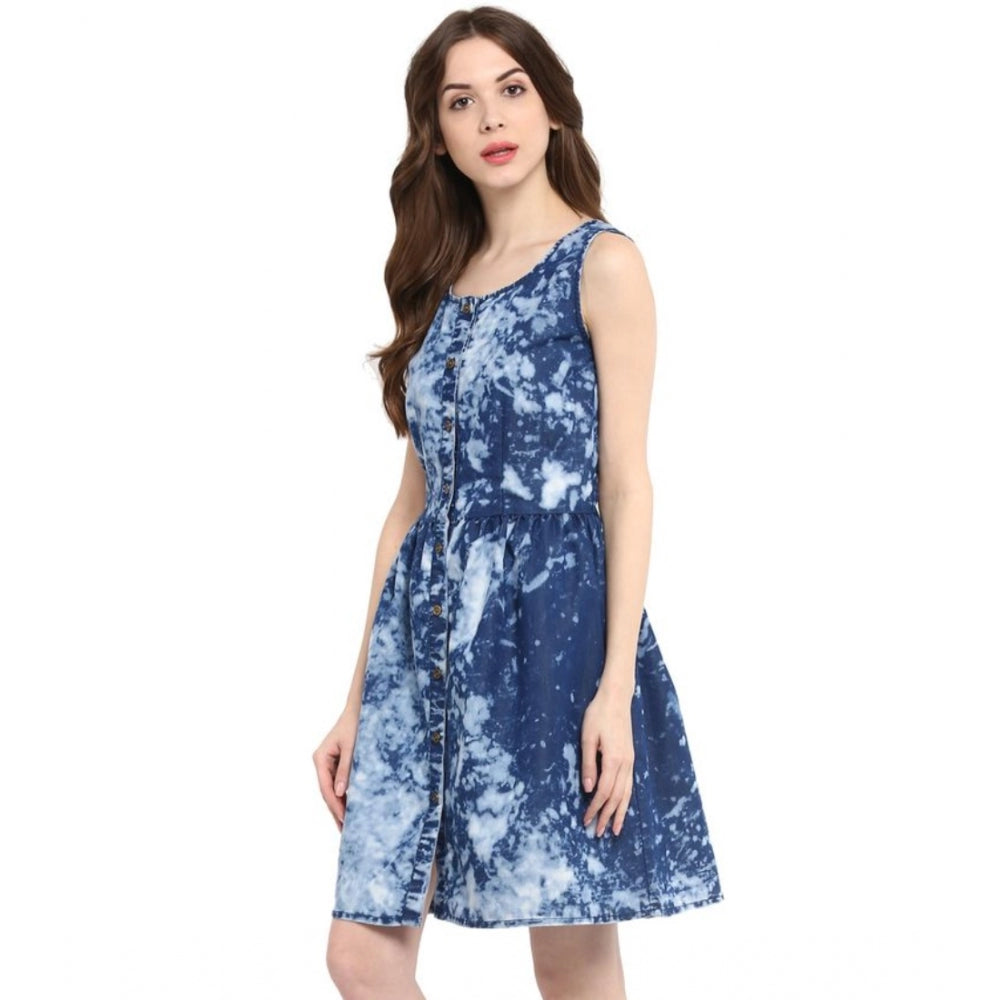 Blue denim tie & dye sleeveless above knee dress - vibrant pattern for women's summer fashion