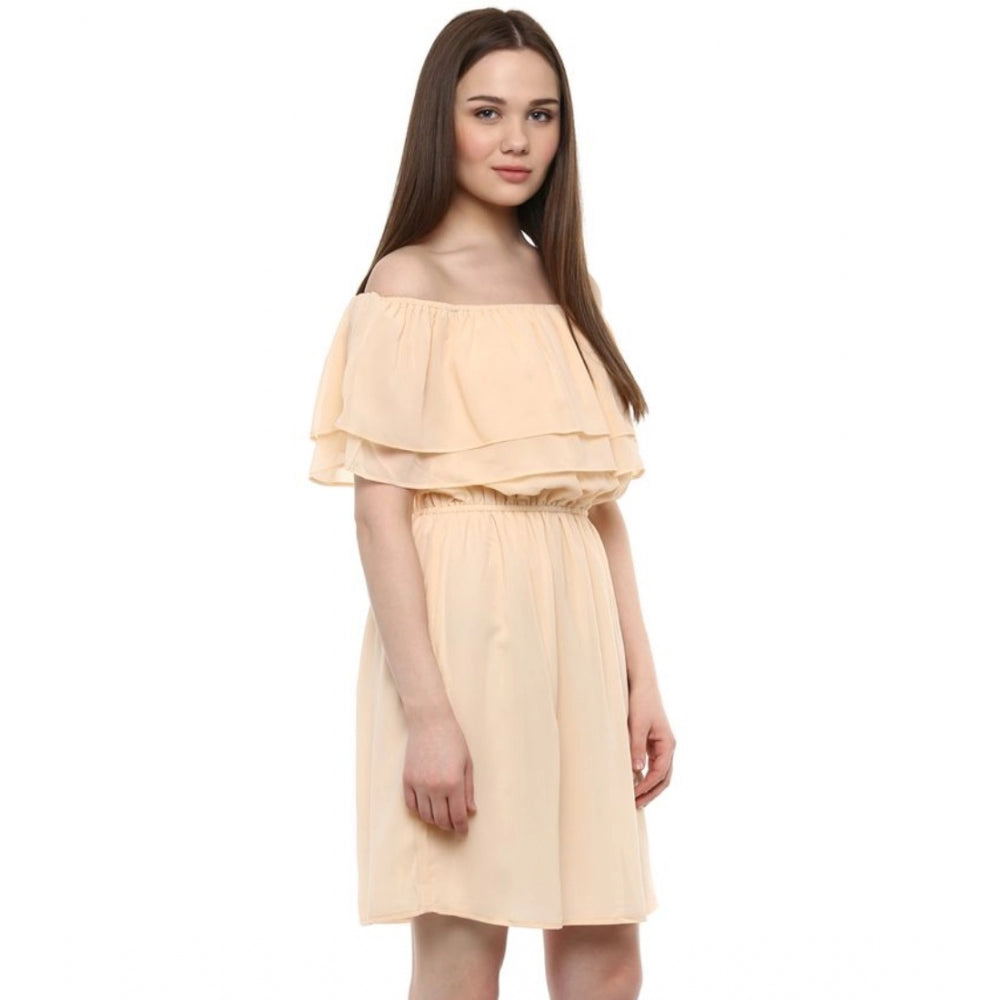 Beige polyester solid sleeveless knee-length dress for women, off shoulder style on mannequin