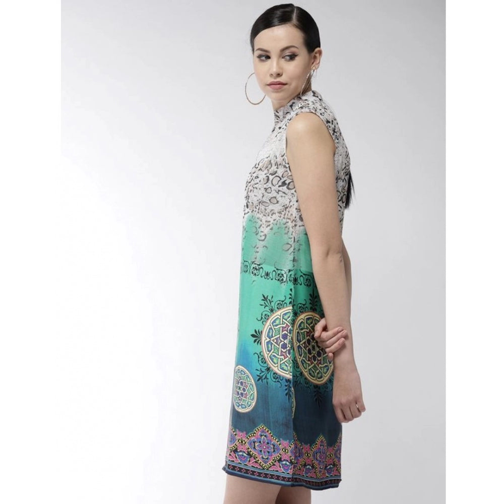 Multicolor printed polyester sleeveless above-knee dress for women, vibrant pattern on display