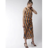 Mustard polyester striped sleeveless below-knee dress for women, casual summer attire on mannequin