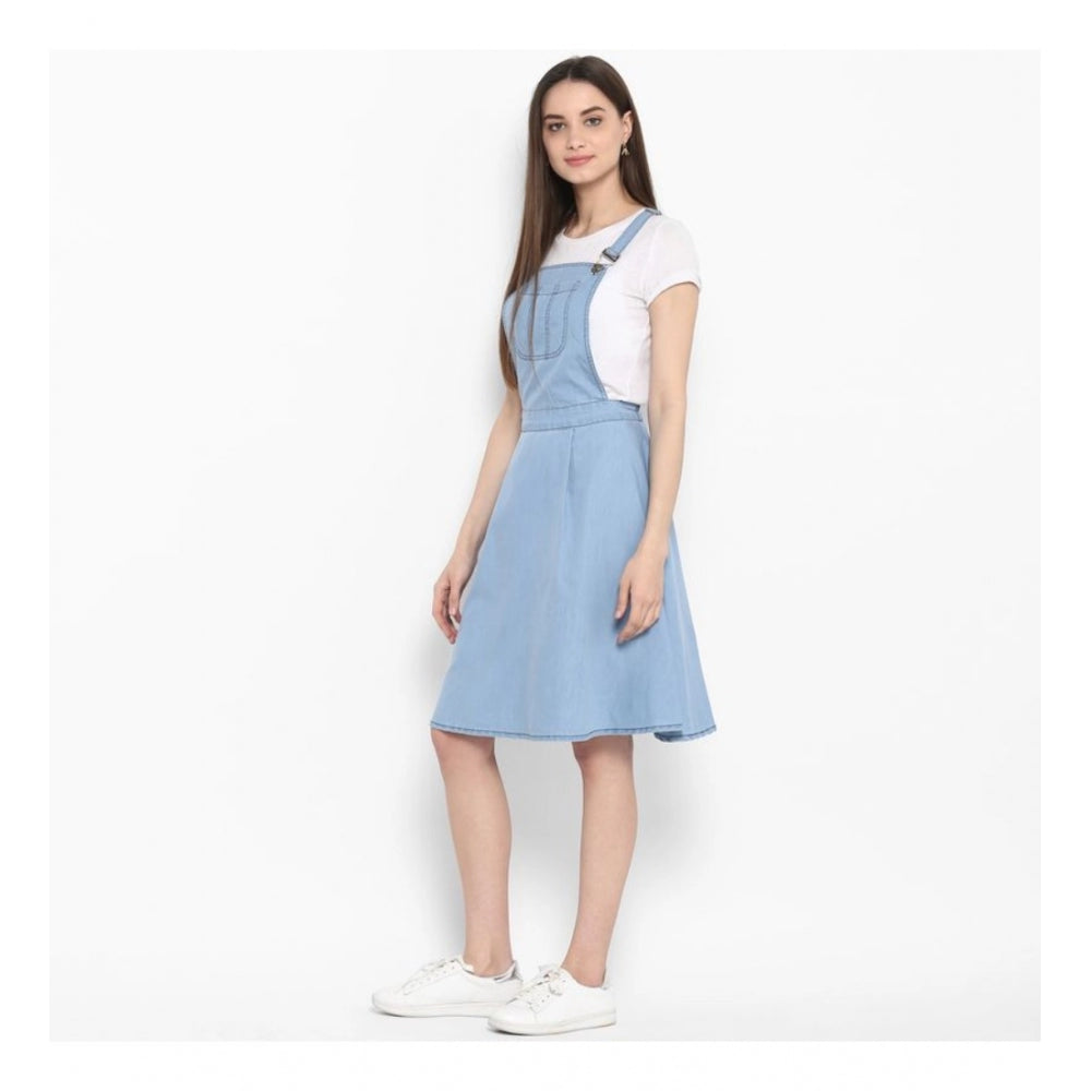 Blue denim solid sleeveless above-knee dress for women