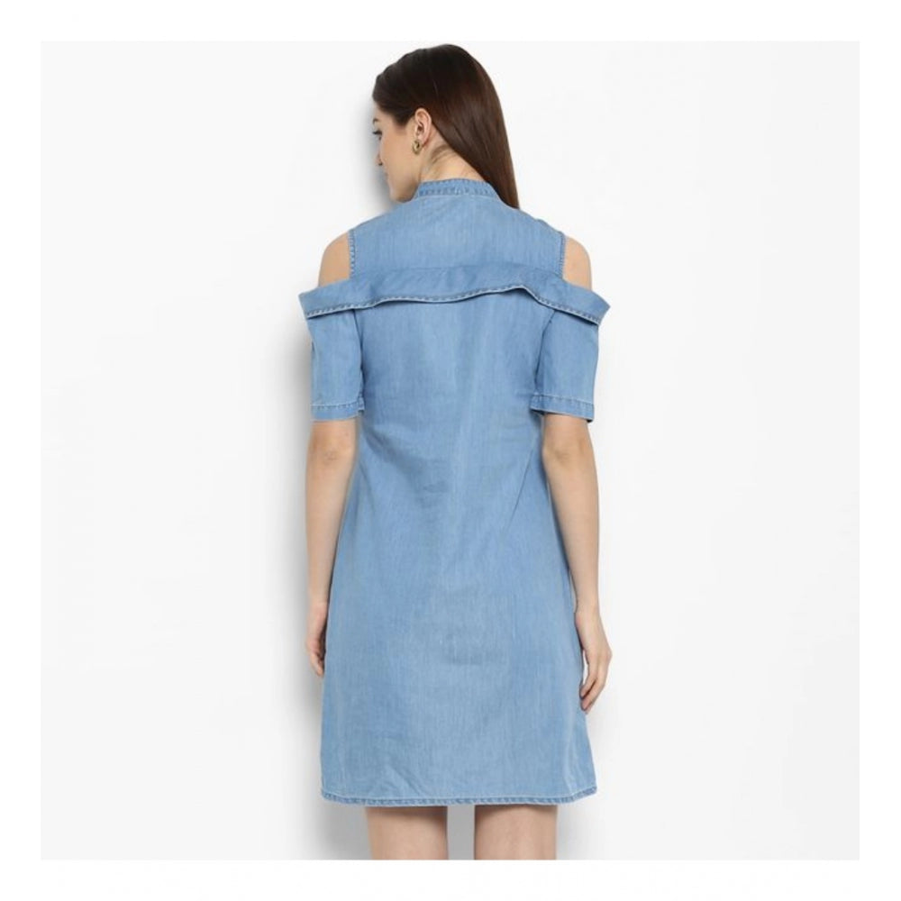 Blue denim solid cold shoulder above knee dress with collar neckline, on fashion mannequin