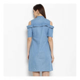 Blue denim solid cold shoulder above knee dress with collar neckline, on fashion mannequin