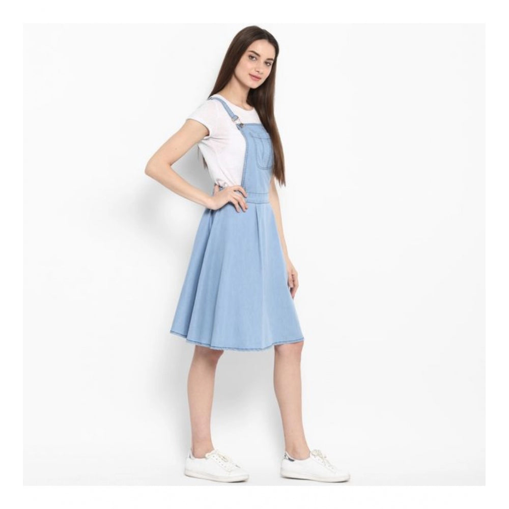 Blue denim women's sleeveless above-knee dress, solid design on mannequin