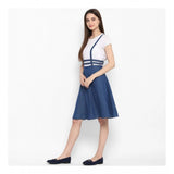 Blue denim below-knee dress with solid pattern and shoulder straps