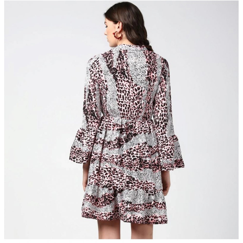 Women's polyester animal print bell sleeve dress with pink & black color, collar neck and above knee length