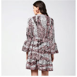 Women's polyester animal print bell sleeve dress with pink & black color, collar neck and above knee length