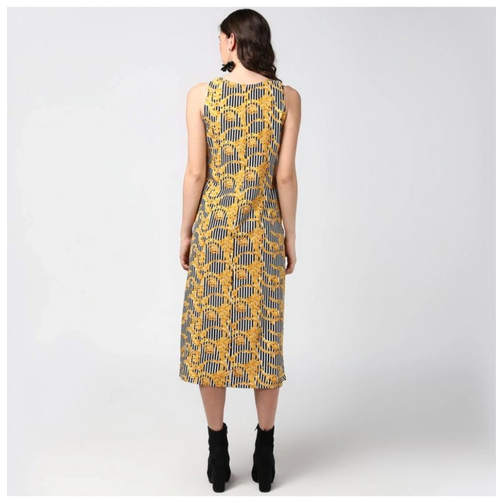Yellow & black polyester chain print sleeveless below knee dress for women