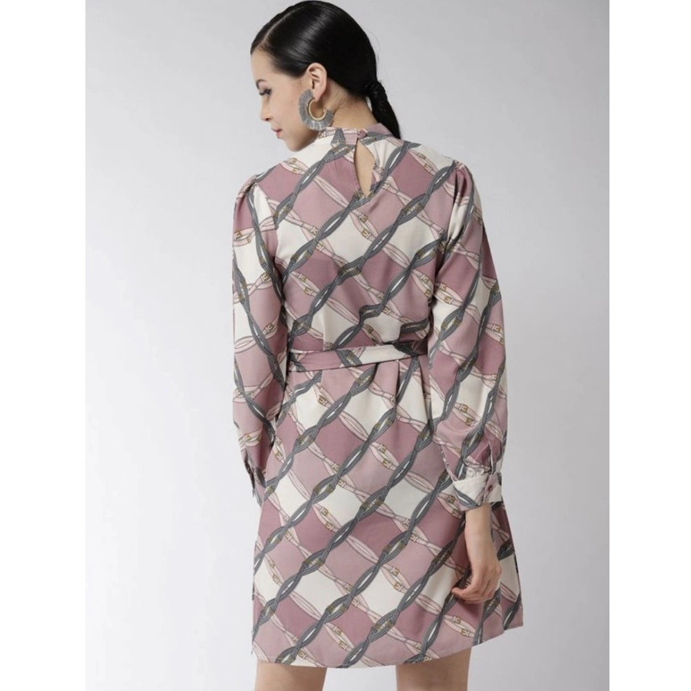 Off-white & lavender polyester checkered long sleeves dress for women, mock neck above knee style on mannequin