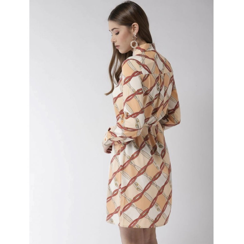 Off-white and brown polyester printed roll-up sleeve dress for women, above knee length with collar neckline