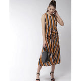 Mustard polyester striped sleeveless below-knee dress for women - vibrant summer style accessory