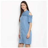 Women's Denim Solid Cold Shoulder Above Knee Dress (Blue)