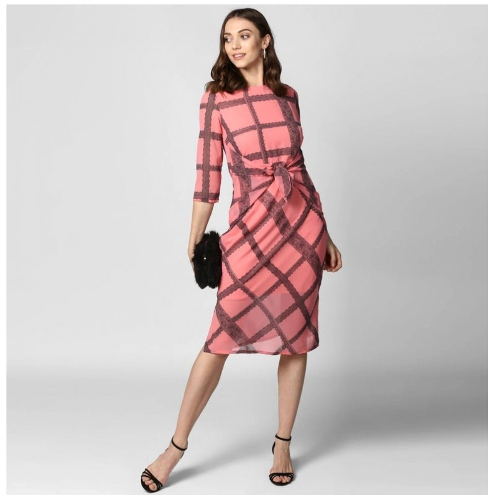 Women's polyester checkered 3/4th sleeves below knee dress (pink-black) - stylish, versatile outfit for women on display