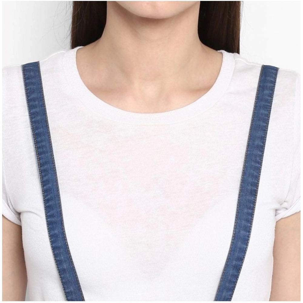 Blue denim below-knee dress with solid pattern and shoulder straps