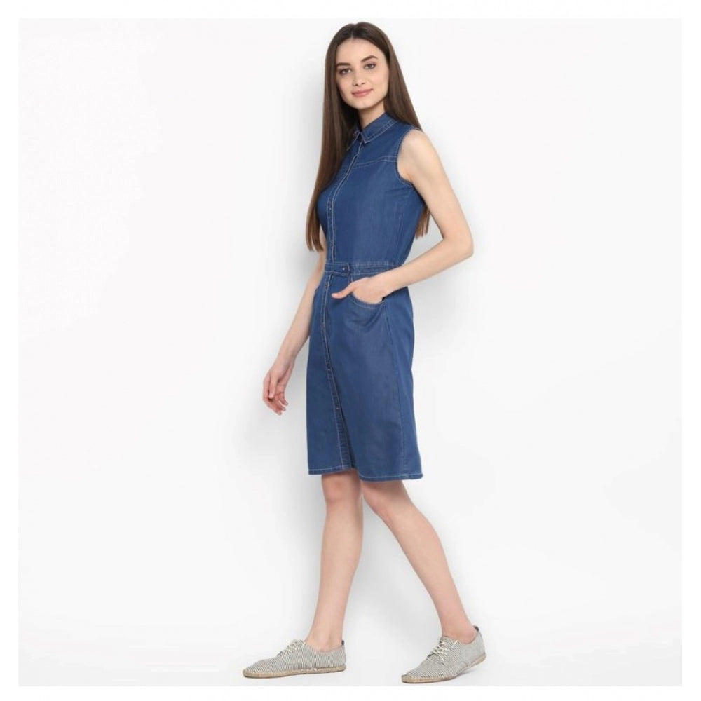 Blue denim solid sleeveless above-knee dress on model