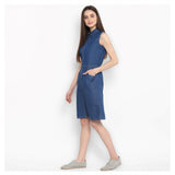 Women's Denim Solid Sleeveless Above Knee Dress (Blue)