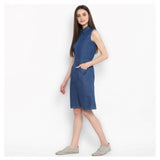 Blue denim solid sleeveless above-knee dress on model