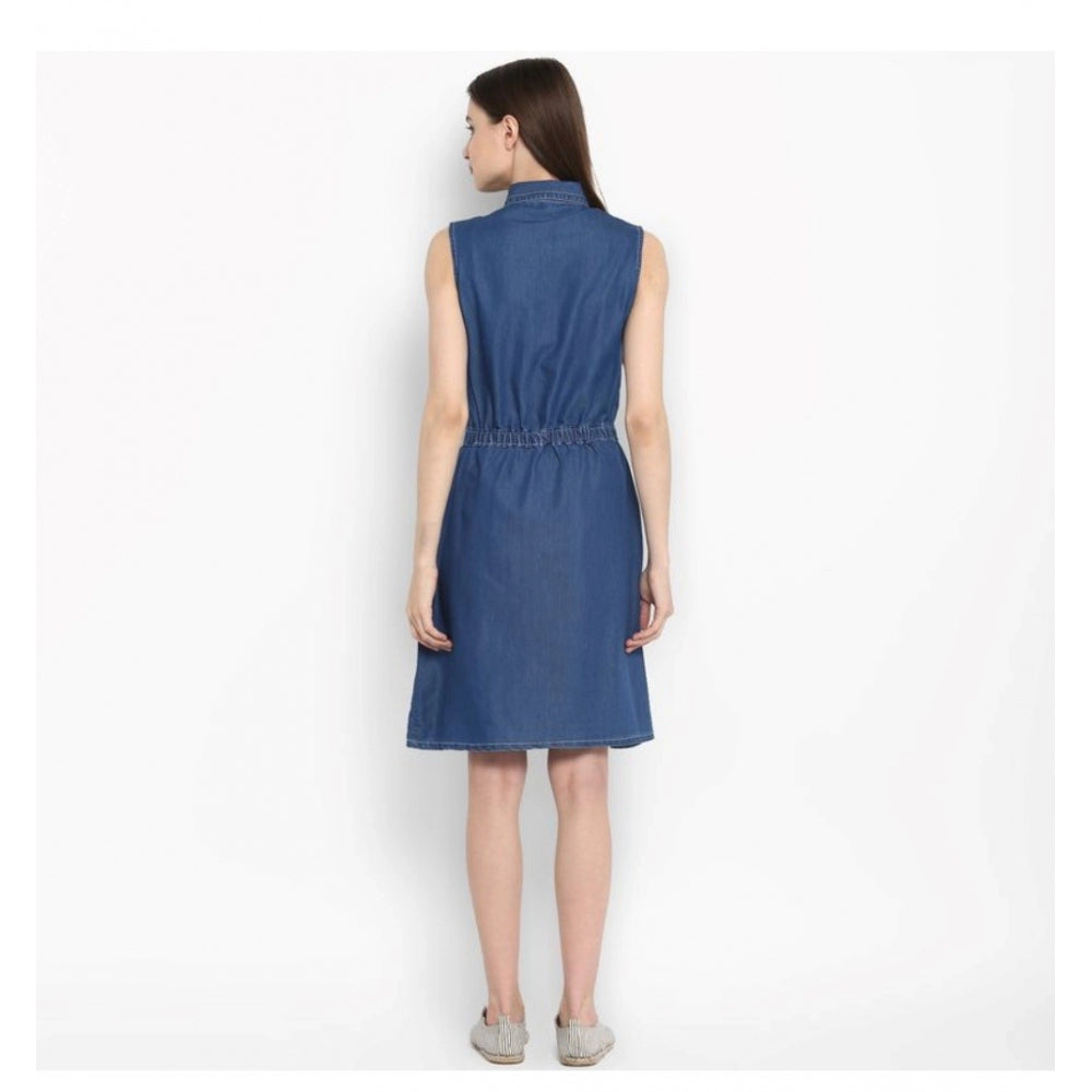 Blue denim women's sleeveless above-knee dress with solid pattern on display