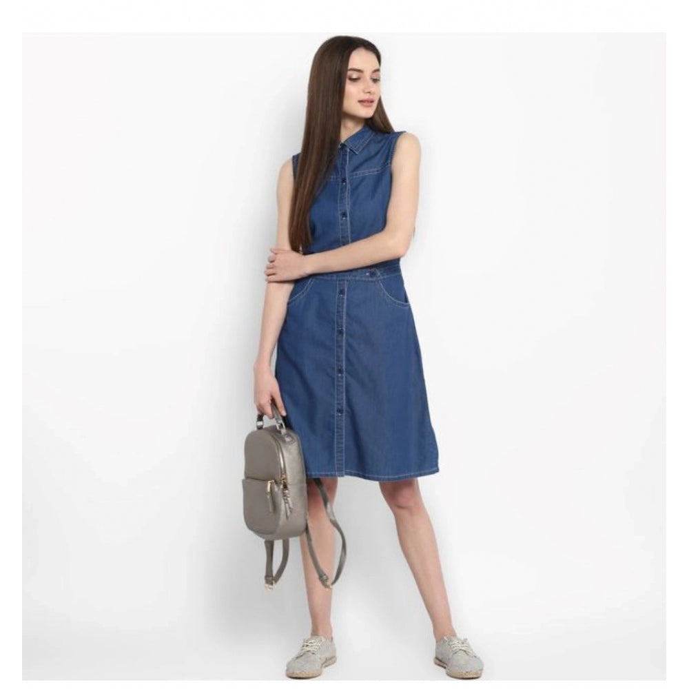 Blue denim solid sleeveless above knee dress for women, casual wear on mannequin