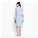 Women's Denim Solid Sleeveless Below Knee Dress (Blue)