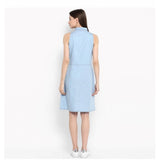 Blue denim solid sleeveless below-knee dress for women, casual wear on a mannequin