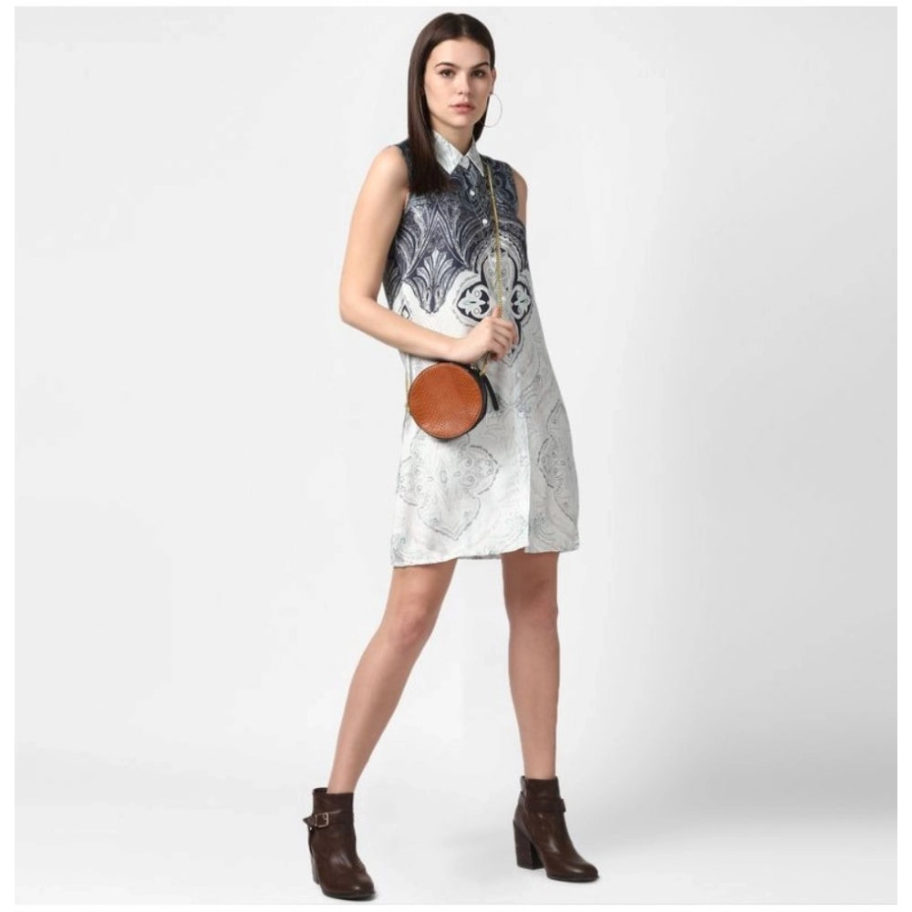 Blue polyester printed sleeveless above-knee dress for women