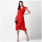 Red polyester ruffled cap sleeve knee-length dress for women on mannequin