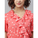 Women's Polyester Polka Flutter Above Knee Dress (Coral)