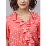 Coral polyester polka flutter dress, V-neck with flutter sleeves, ideal for summer events