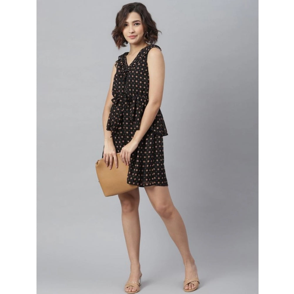 Black polyester peplum sleeveless dress for women - fashionable above-knee style with v-neck, versatile partywear