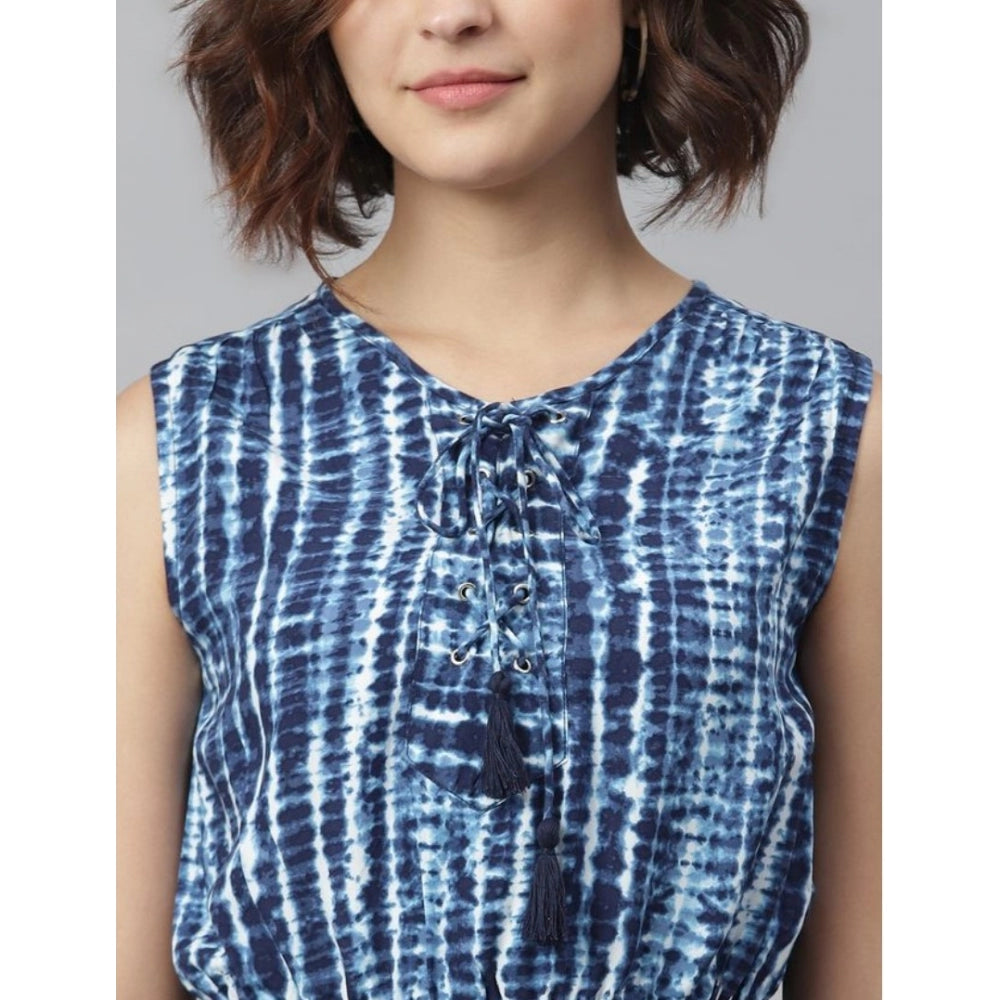 Blue rayon tie & dye sleeveless above knee dress - vibrant pattern on women's fashion dress