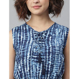 Blue rayon tie & dye sleeveless above knee dress - vibrant pattern on women's fashion dress