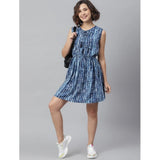 Blue rayon tie & dye sleeveless above knee dress, vibrant pattern for summer parties