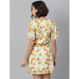Orange-yellow polyester printed flutter dress for women, vibrant pattern on display