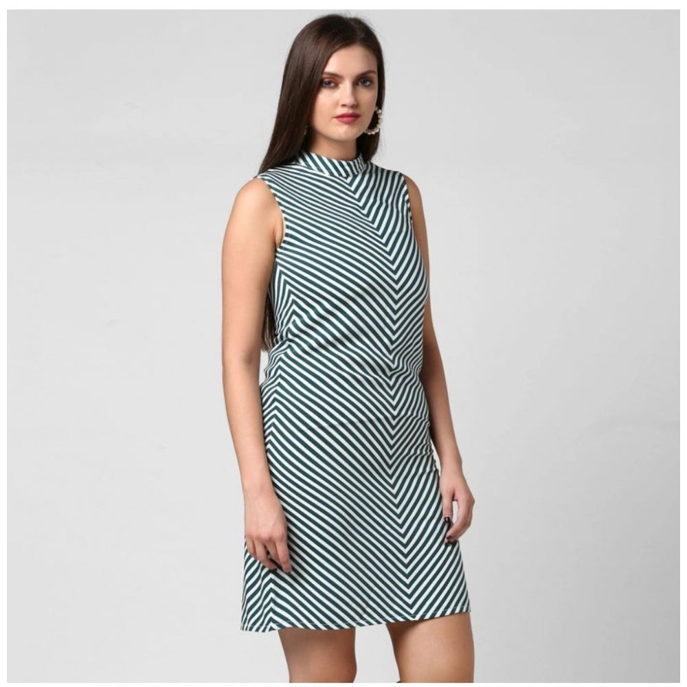 Green polyester striped sleeveless above-knee dress on mannequin