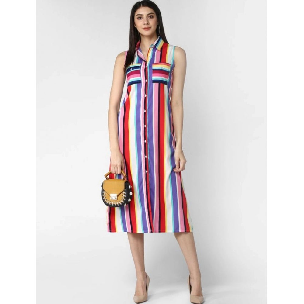 Multicolor striped polyester calf-length sleeveless dress for women