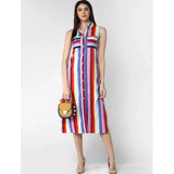 Multicolor striped polyester calf-length sleeveless dress for women