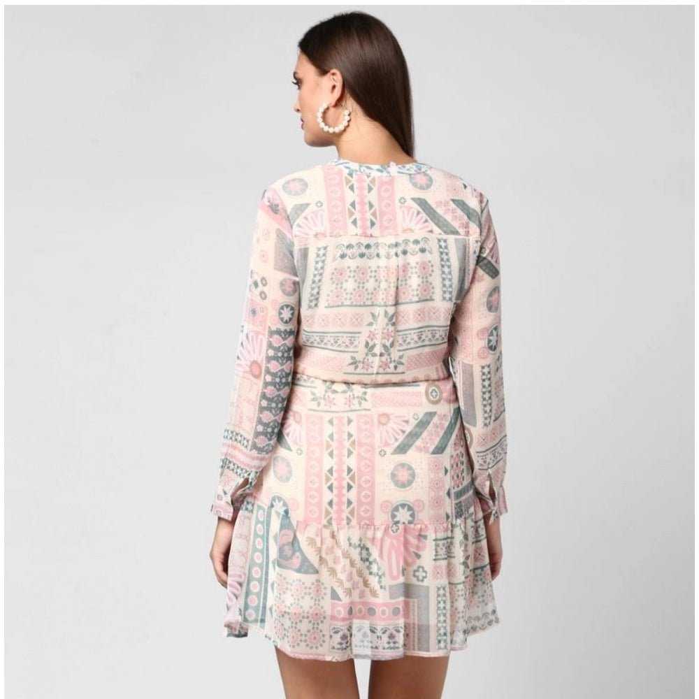 Light pink & off white polyester printed long sleeves dress with v neck, above knee length - fashionable women's outfit for spring/summer events