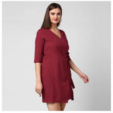 Women's Cotton Solid 3-4th Sleeves Above Knee Dress (Maroon)
