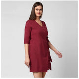 Maroon cotton solid above-knee dress with v-neck and 3/4th sleeves