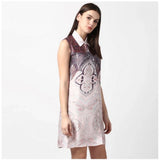 Orange polyester printed sleeveless above-knee dress on mannequin